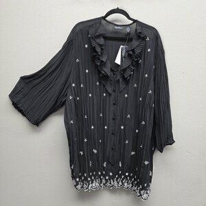 Maggie Barnes Shirt Womens 4X Black Embroidered Floral Ruffle Tunic Top Sheer